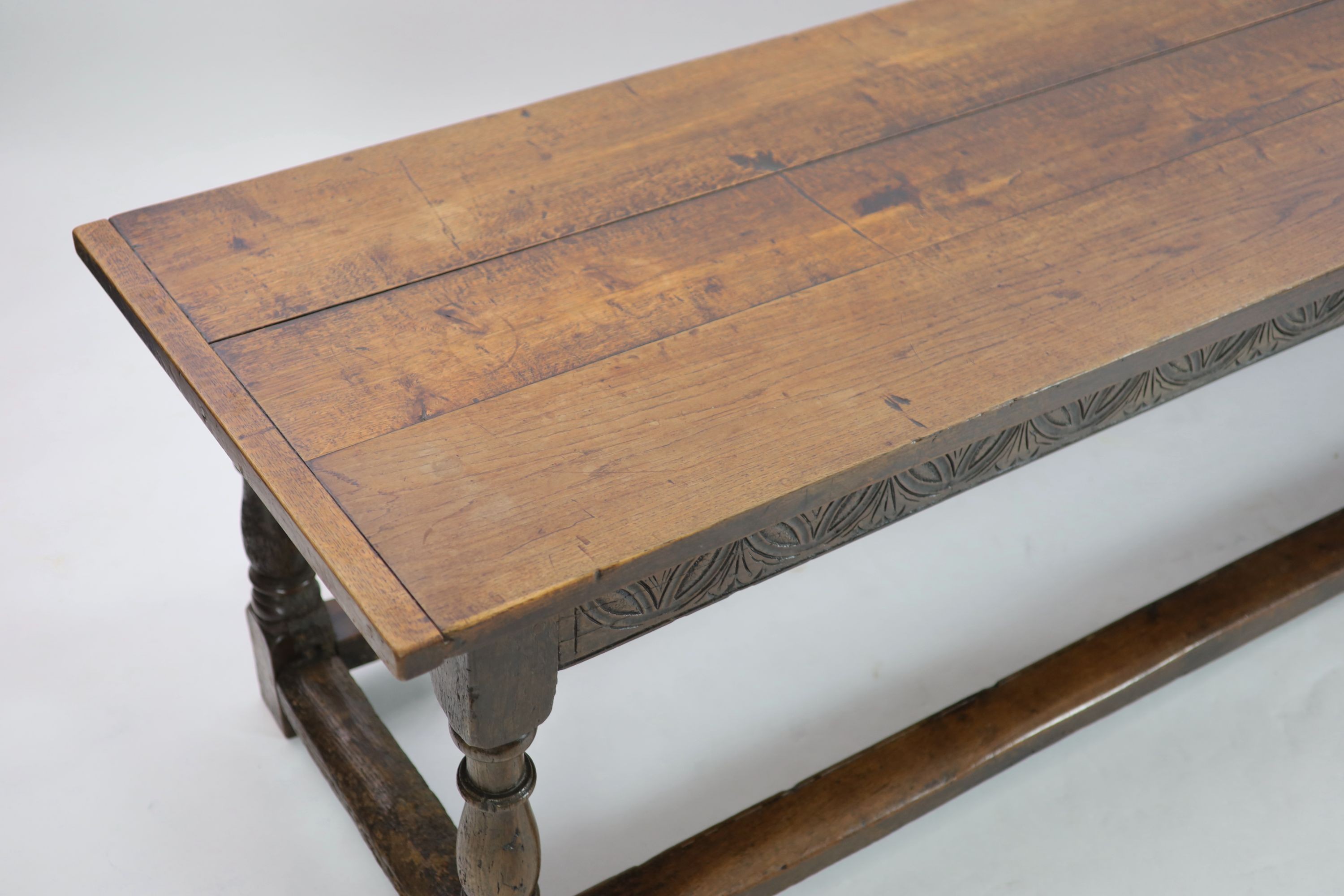 A William III oak refectory table, circa 1690, W.250cm D.76cm H.74cm